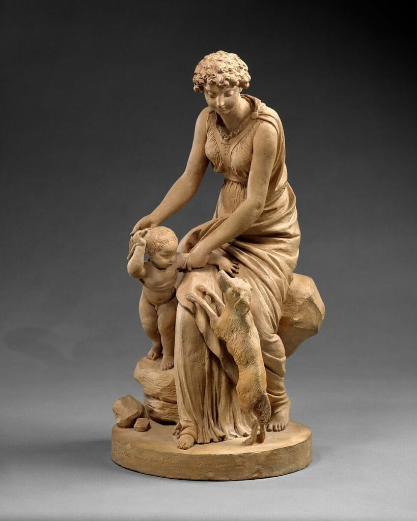 Fidélité, mère de l'Amour constant (1799) d'Augustin Pajou : une œuvre néoclassique en terre cuite exprimant la tendresse et l'émotion maternelle.