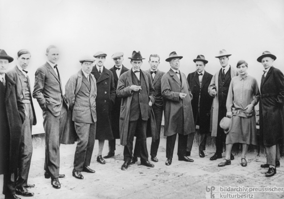 Historical group portrait of Bauhaus masters at Dessau in 1926, showing Gropius, Kandinsky, Klee and other founding figures