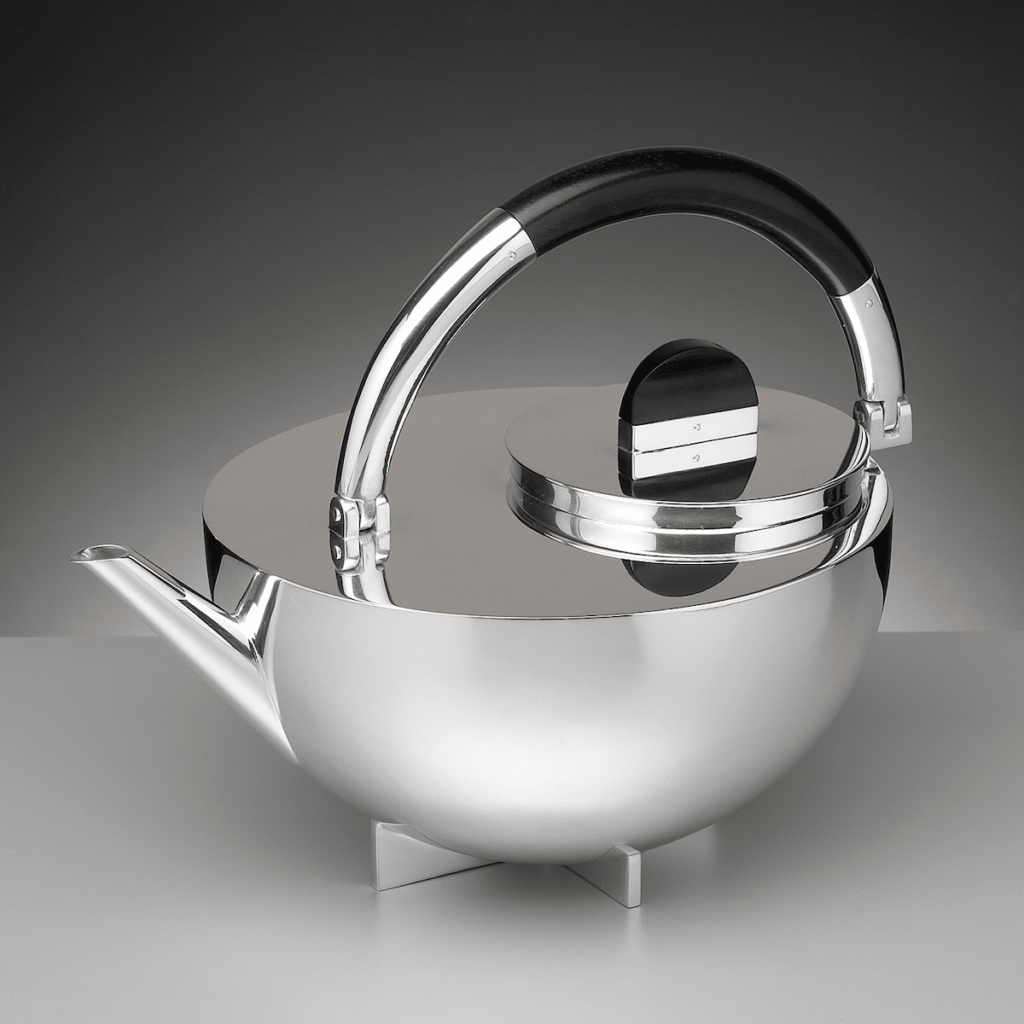 Metal teapot by Marianne Brandt from 1924, emblematic example of Bauhaus functionalist design