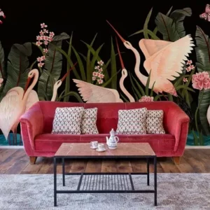 Exotic wallpaper large motif pink flamingos