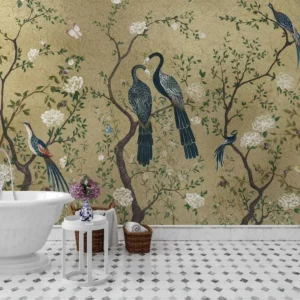 Chinoiserie wallpaper birds metallic effect