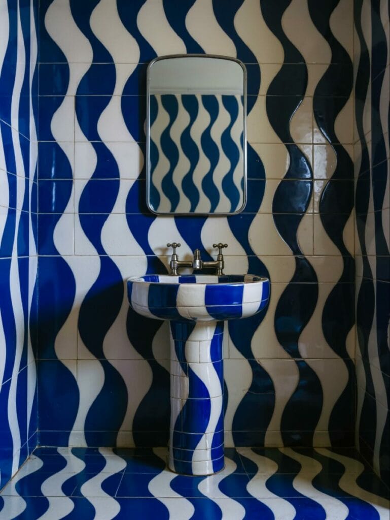 Blue and white wave-shaped tile bathroom by Diango Hernández