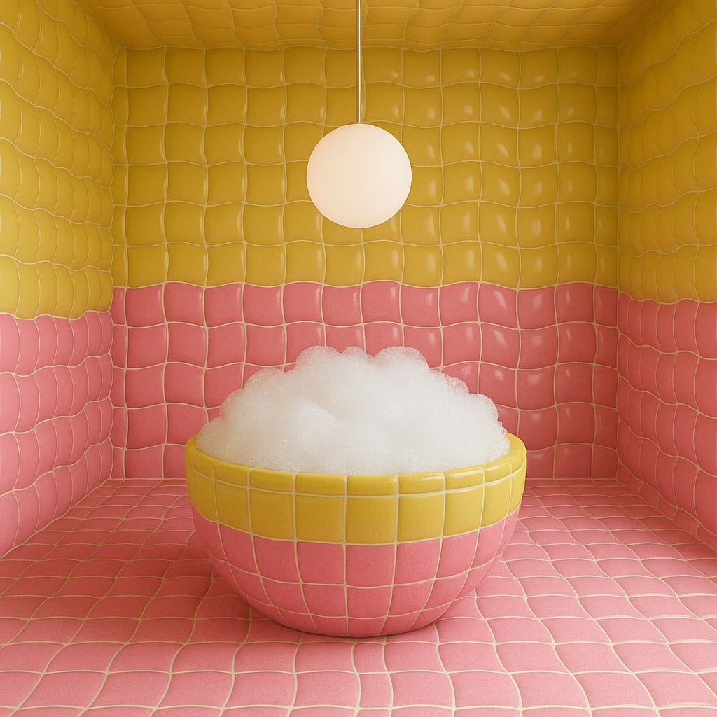Pink and yellow retro design tile bathroom by Diango Hernández