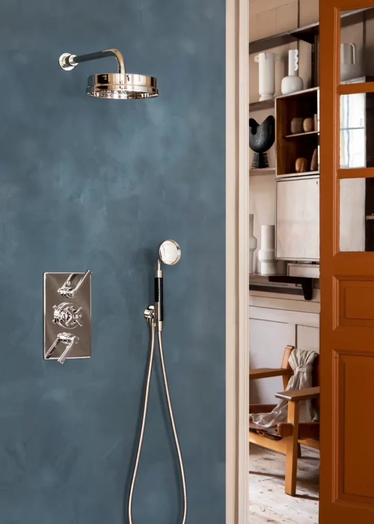 wall shower lefroy brooks 1935 janey mac collection, mid-century eclectic design with chromium finishes.