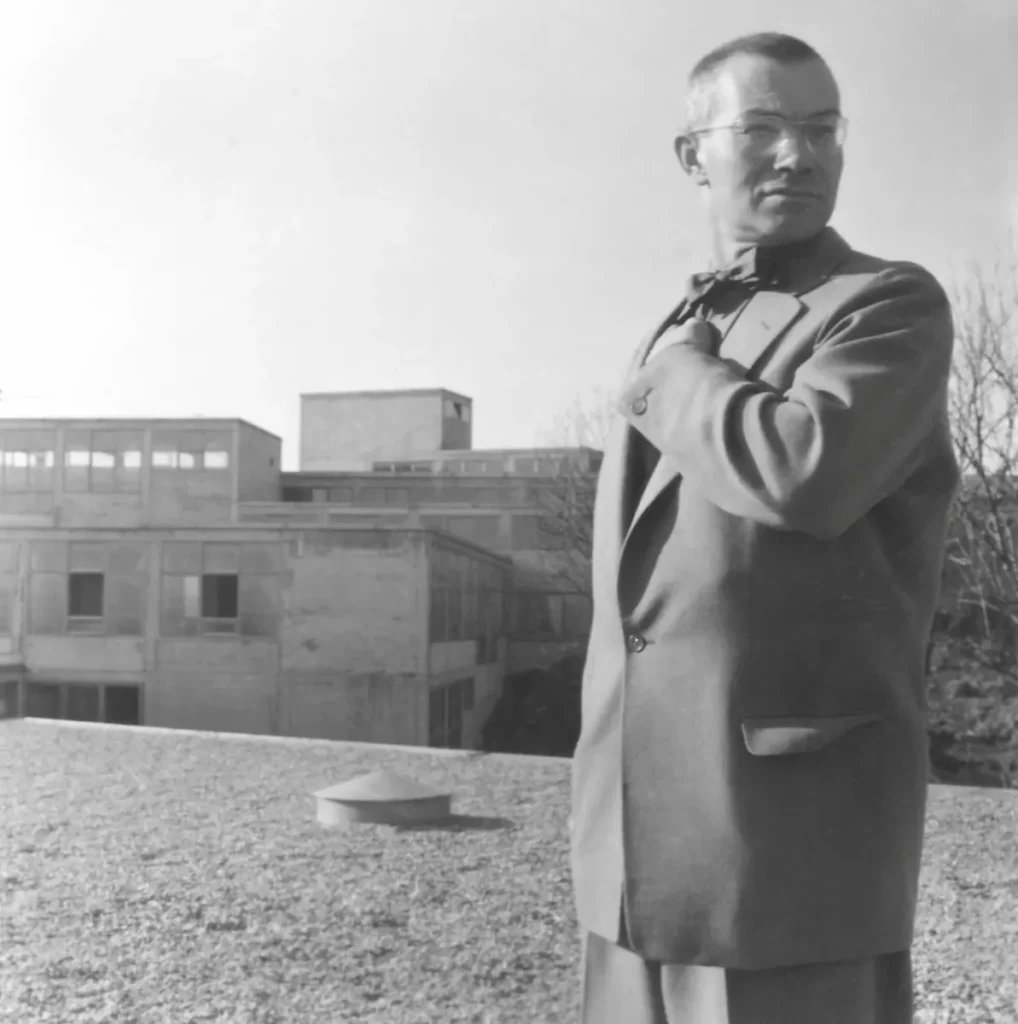 Max Bill portrait in front of Ulm School building 1954 HfG director architectural vision