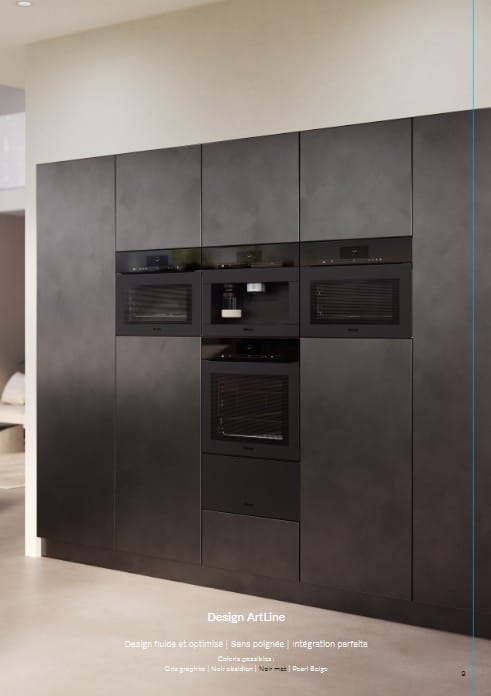Miele ArtLine Design built-in appliances in matte black integrated into a modern handleless kitchen.