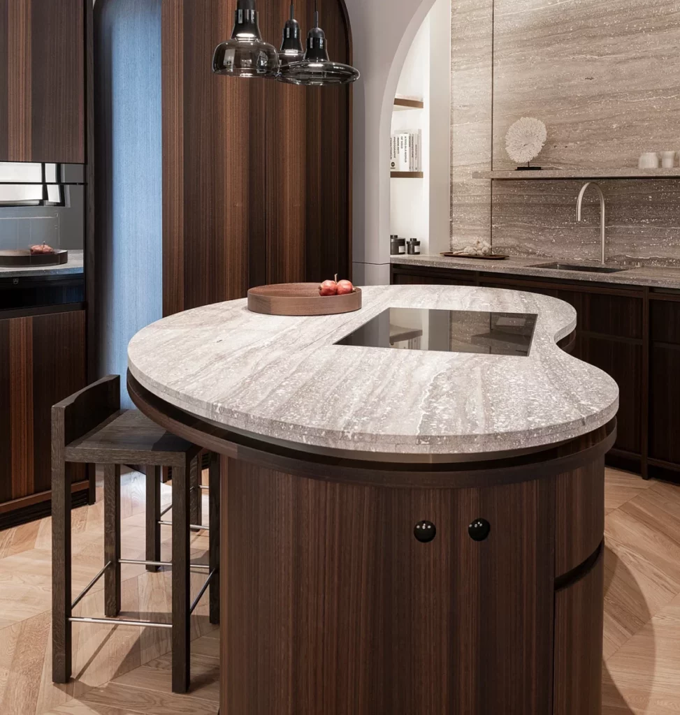 high-end wood kitchen table with beige stoneware top organic design obumex