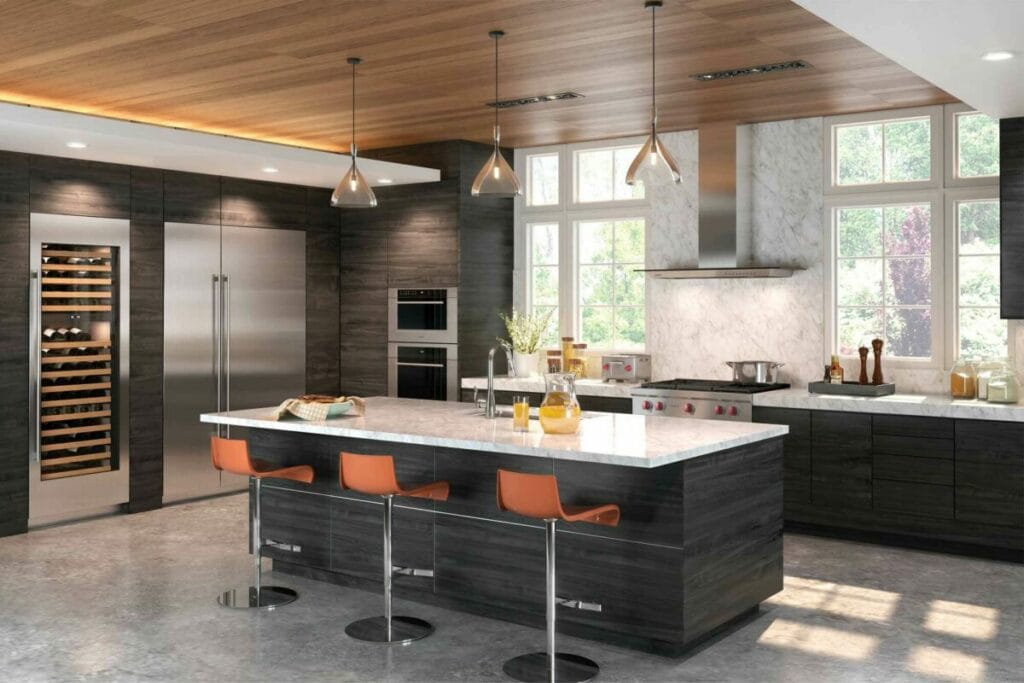 Sub-Zero wine cellar built into a designer kitchen with stainless steel facade and two temperature zones.
