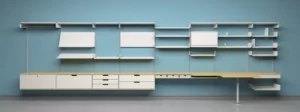 Système d’étagères 606 de Dieter Rams pour Vitsœ, aluminium mural modulaire.