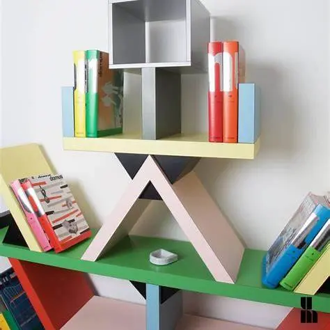 Carlton bookcase designed by Ettore Sottsass in 1981 for Memphis featuring colorful geometric shapes and playful architecture