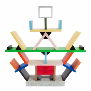 Carlton bookcase (1981) by Sottsass — emblematic piece of Memphis postmodernism, colorful, sculptural and functional.