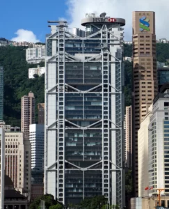 HSBC headquarters in Hong Kong designed by Norman Foster, apparent high-tech structure.