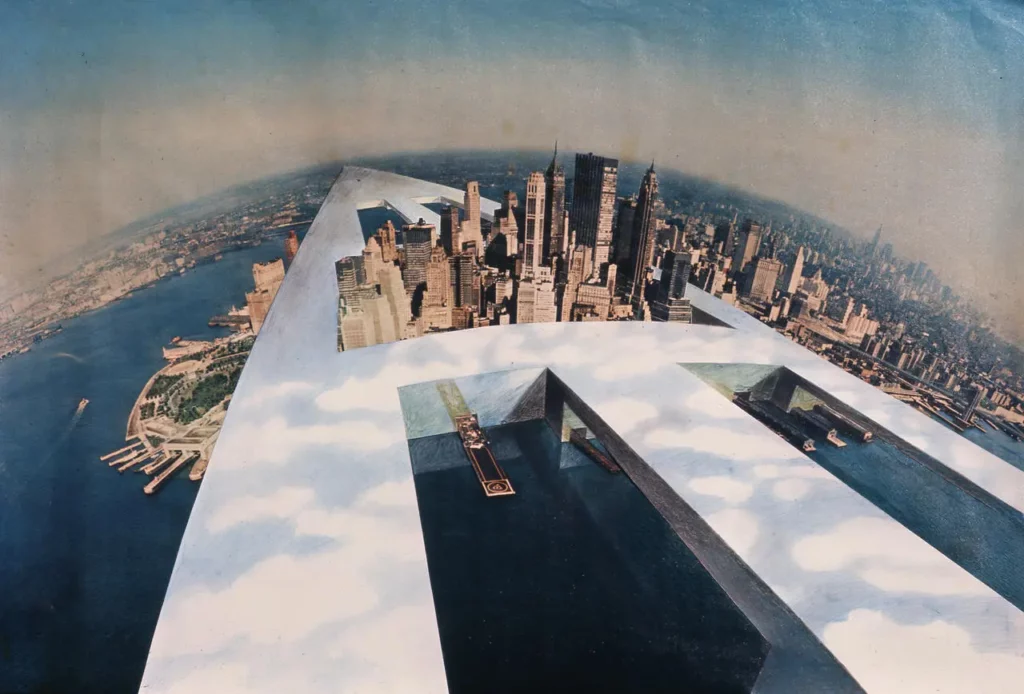 Continuous Monument (Superstudio, 1969) — utopian photomontage over Manhattan, a manifesto of Italian Radical Design and a critique of architectural rationalism.