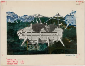Illustration of Archigram's Walking City, mobile city on mechanical legs.