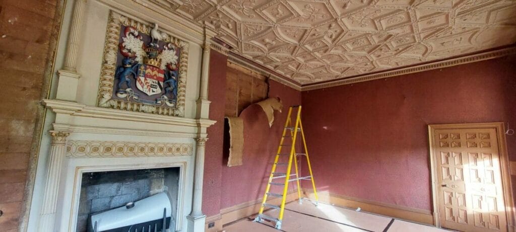 Fabric walling renovation removal old wall covering English castle Stephen Franklin