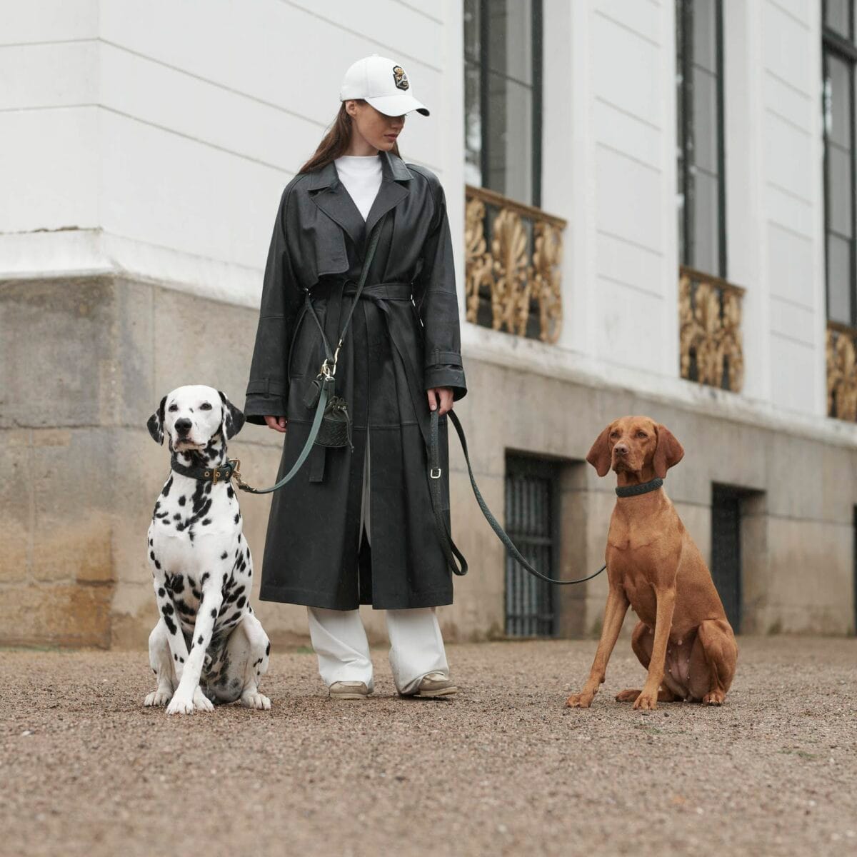 Femme avec deux chiens portant la laisse et le collier William Walker Prestige Forest, accessoires premium pour chiens. 
