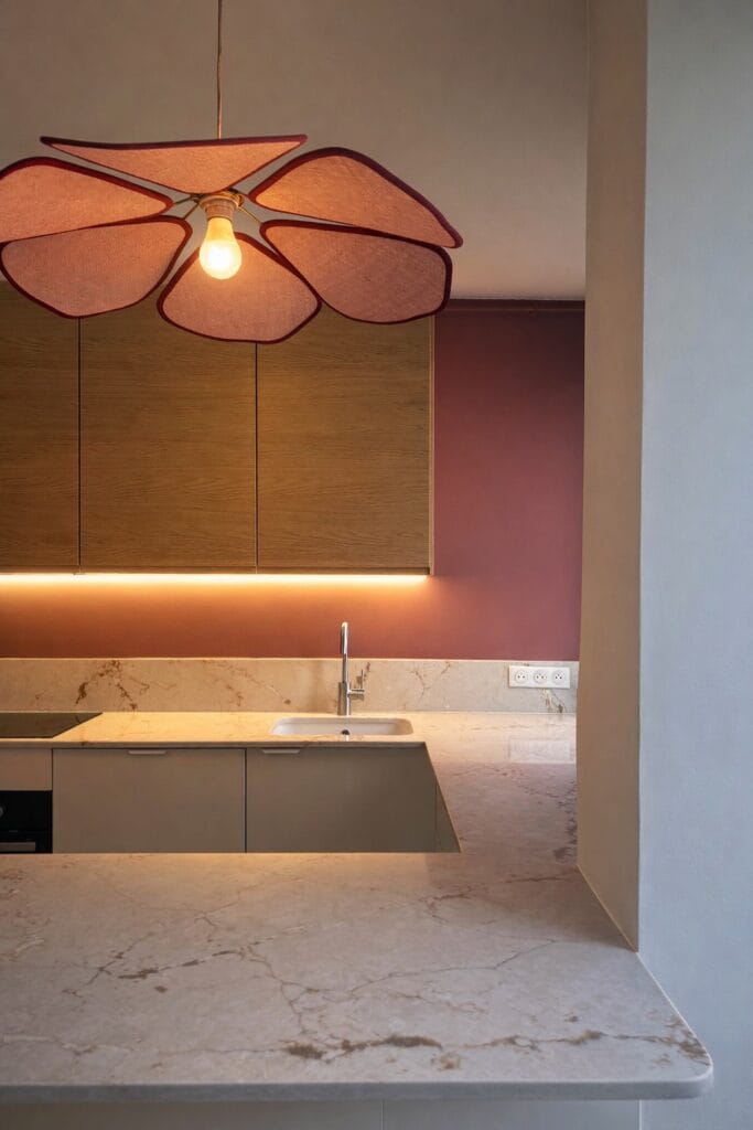 Contemporary design kitchen with powder pink textile floral pendant light, natural wood furniture, colorful backsplash and light stone countertop, warm and elegant atmosphere.