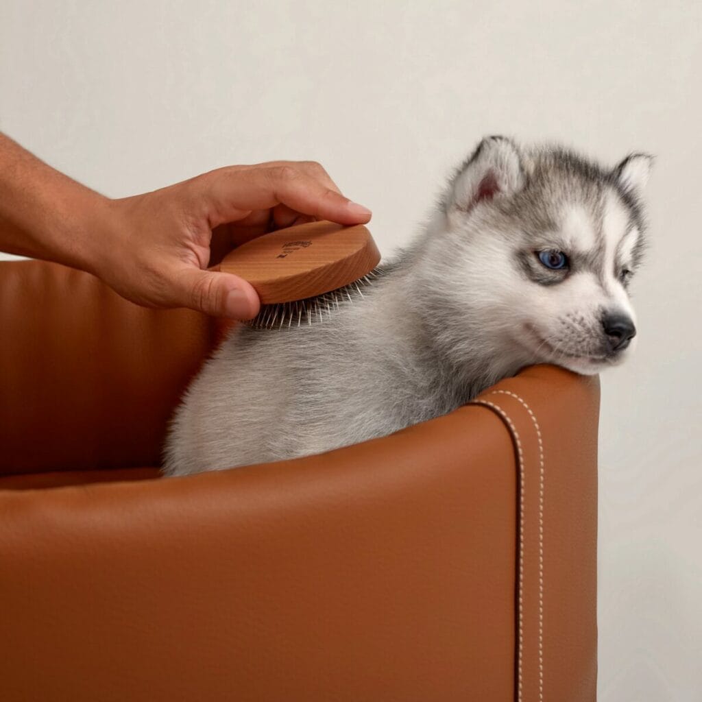 Brosse pour chien Hermès en bois naturel et cuir camel, utilisée pour toiletter un chiot husky allongé dans un panier en cuir de luxe.
