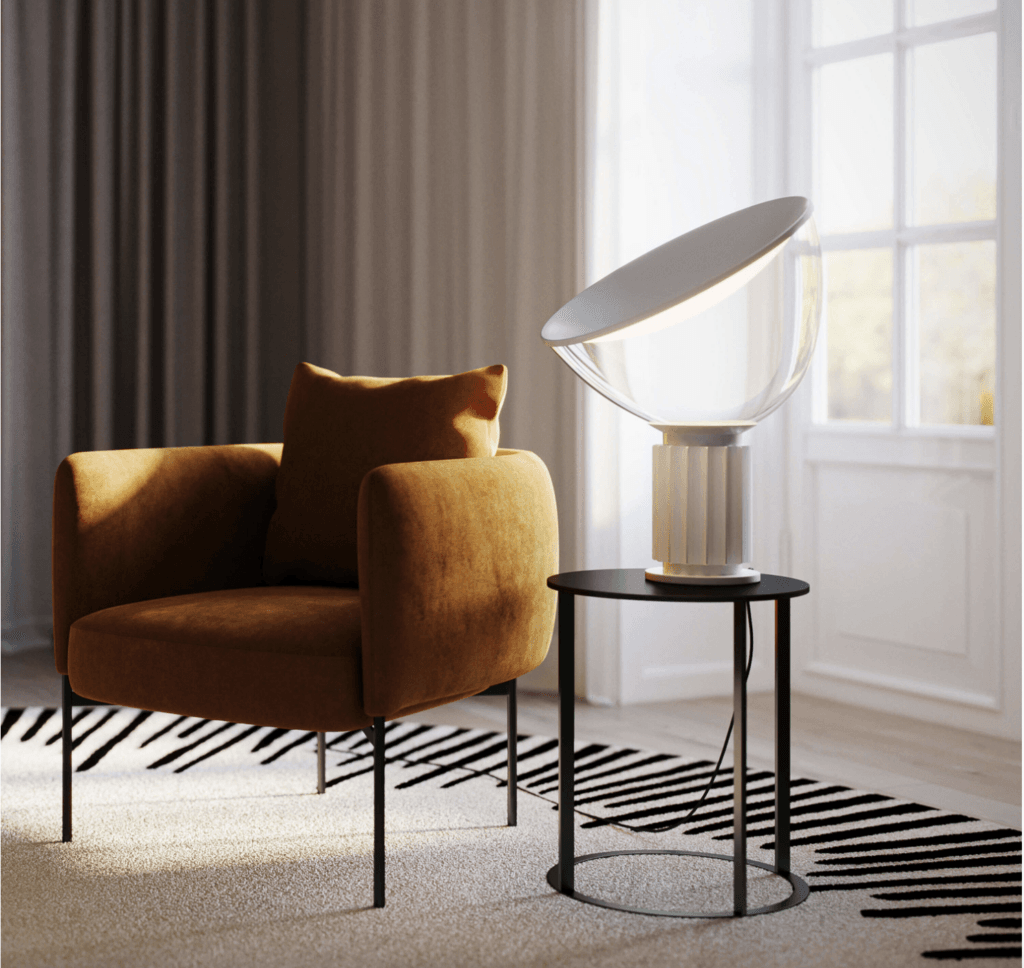 Lampe Taccia de Flos posée sur une table d’appoint dans un salon moderne, éclairage diffus orientable avec réflecteur blanc et pied en bronze, ambiance chaleureuse et design italien iconique.