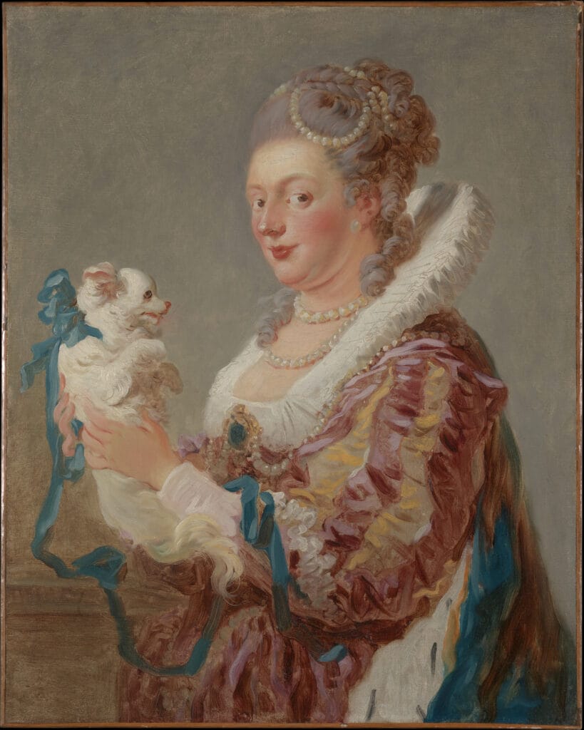 Portrait de Marie-Émilie Coignet de Courson avec un chien par Jean-Honoré Fragonard vers 1769, peinture française du XVIIIe siècle, style rocaille