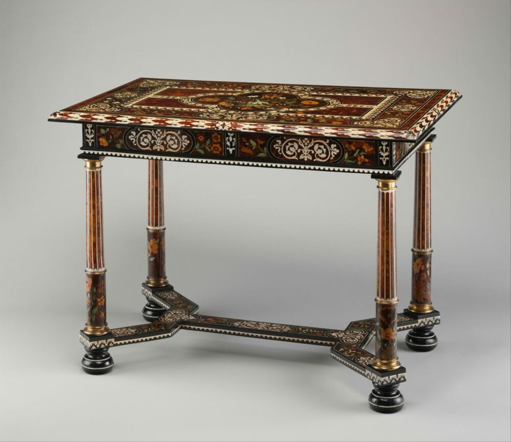 Table Louis XIV vers 1660 par Pierre Gole, marqueterie de bois précieux et pierres dures, mobilier français du XVIIe siècle, The Met.