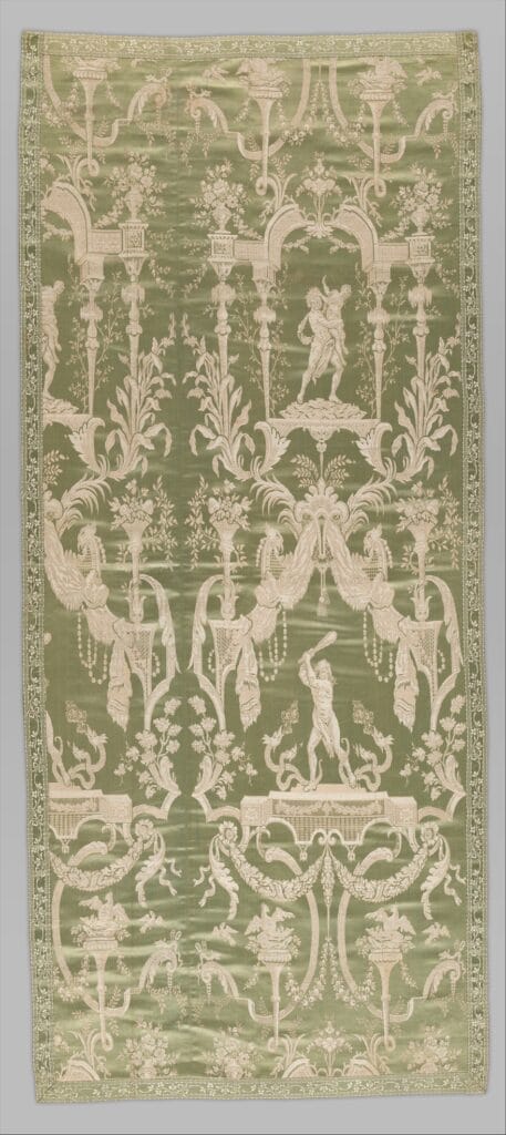 panneau de soie style louis xvi, scenes mythologiques, composition symetrique, motifs a l’antique, lyon, vers 1790