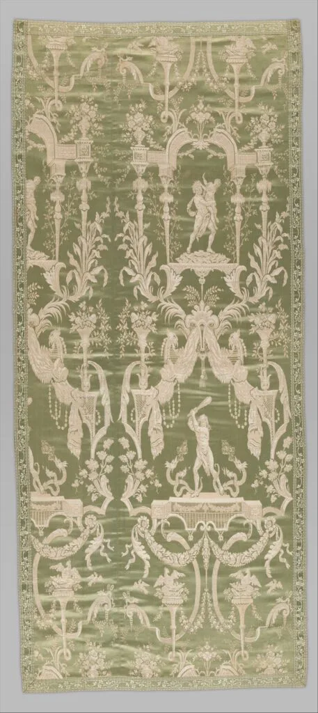 Louis XVI style silk panel, mythological scenes, symmetrical composition, antique motifs, Lyon, circa 1790