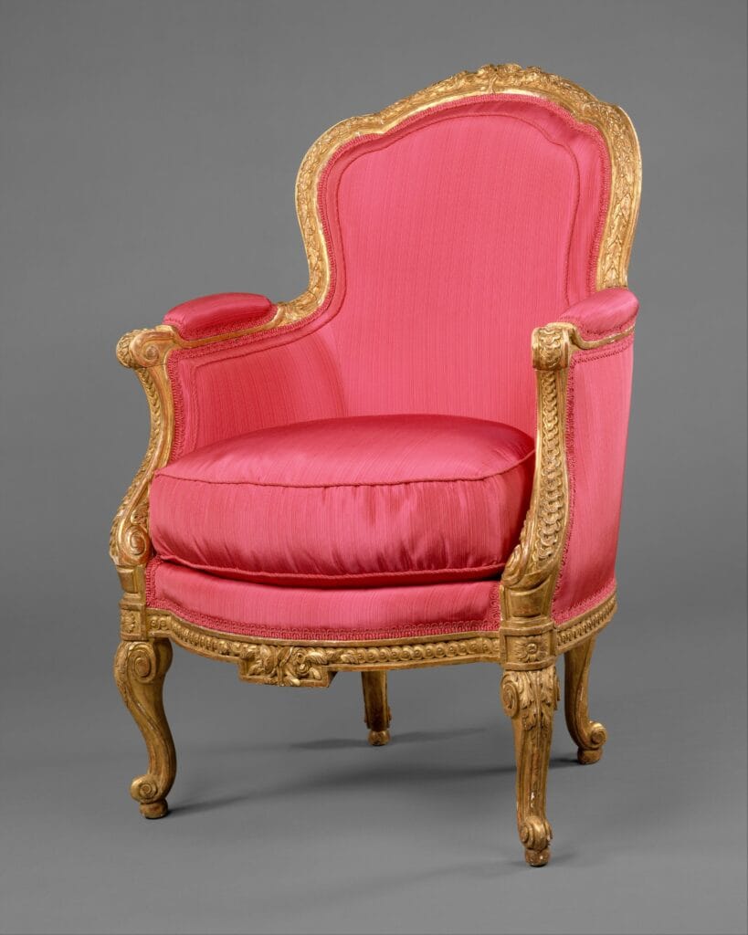Bergère en cabriolet française vers 1760 par Claude-Louis Burgat, siège du XVIIIe siècle entre style Louis XV et Transition