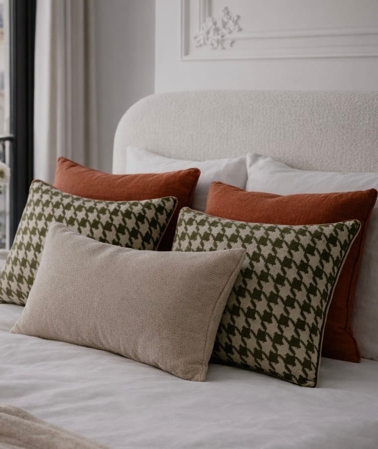 Bed dressed with decorative cushions in green and ecru graphic patterns, combined with solid terracotta and beige cushions, contemporary bedroom with warm and refined atmosphere.