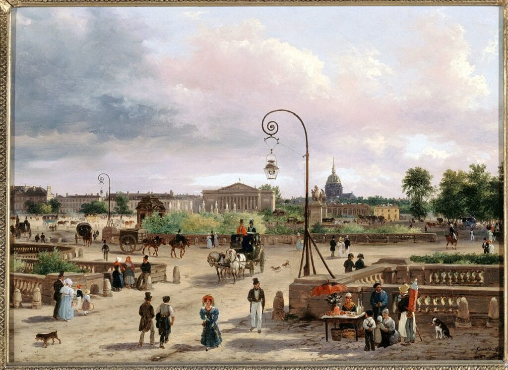 La place de la Concorde, avant les transformations du règne de Louis-Philippe, peinte par Giuseppe Canella en 1829.