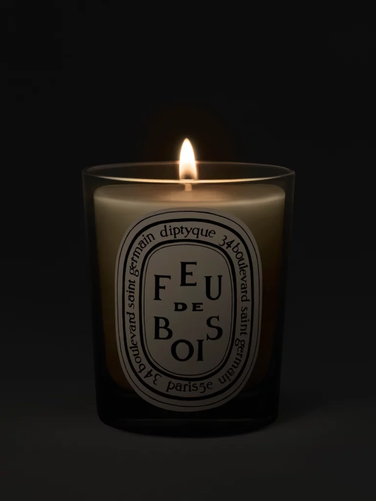 Lit Diptyque Feu de Bois candle, warm flame in transparent glass on dark background, woody fragrance evoking a fireplace, 190g scented candle.