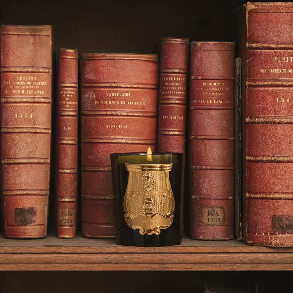 Lit Trudon Ernesto candle placed in front of old leather-bound books, amber and woody fragrance evoking leather, tobacco and waxed wood, black glass adorned with gold Trudon emblem.