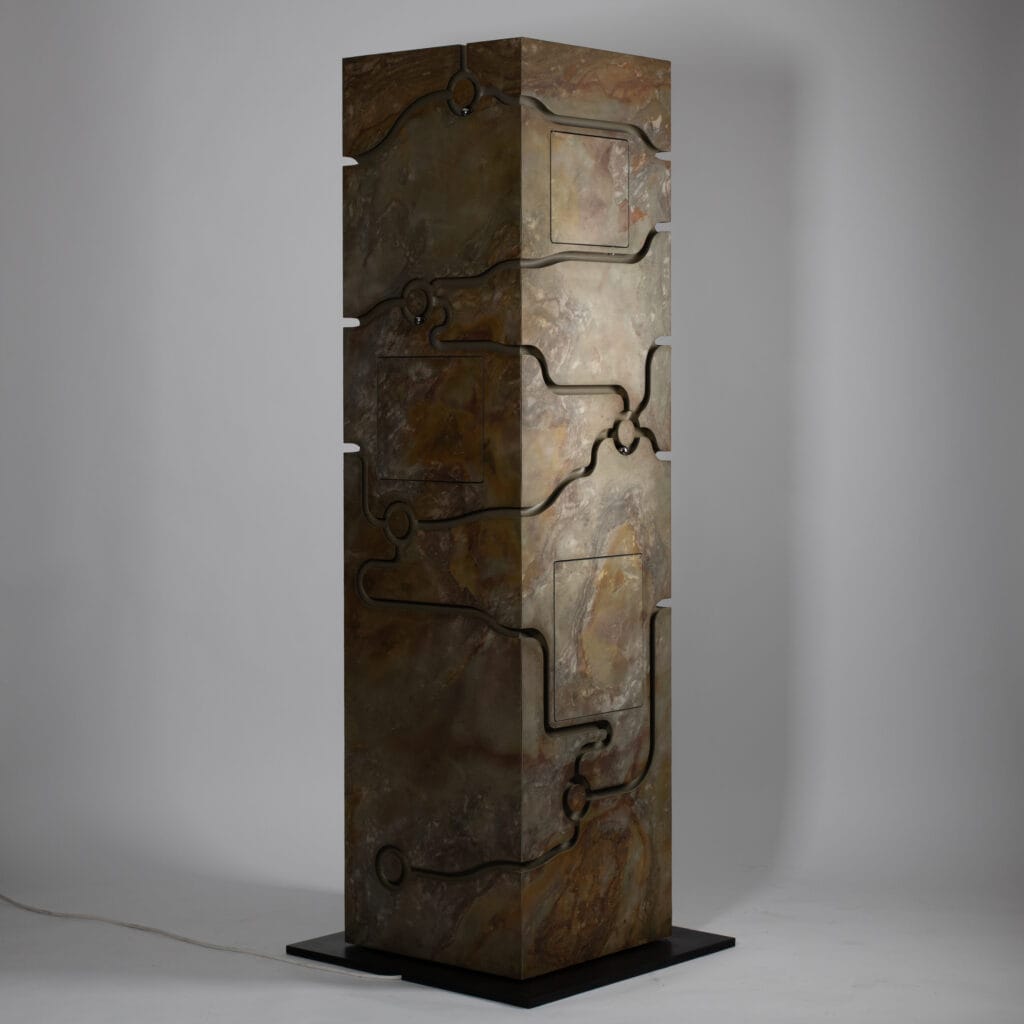 Turbulence lamp designed by cabinetmaker Adrien des Rues, contemporary artisanal design piece associating wood and stone, sculpted vertical structure integrating interior lighting.