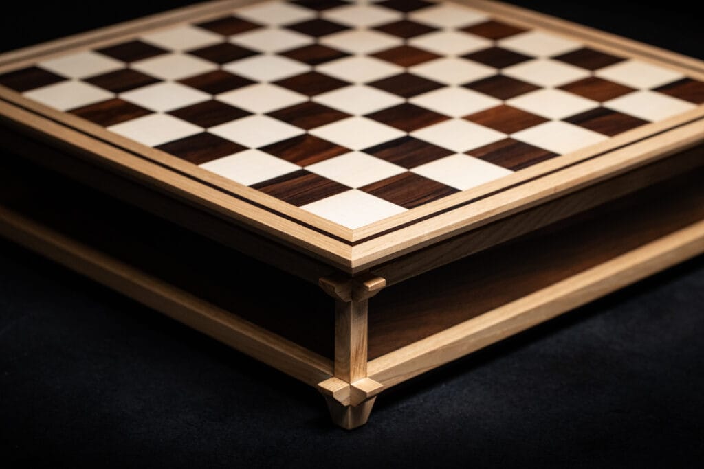 Ordalie Chessboard in solid wood designed by cabinetmaker Adrien des Rues, contemporary artisanal furniture piece associating different wood species in a graphic and architectural composition.