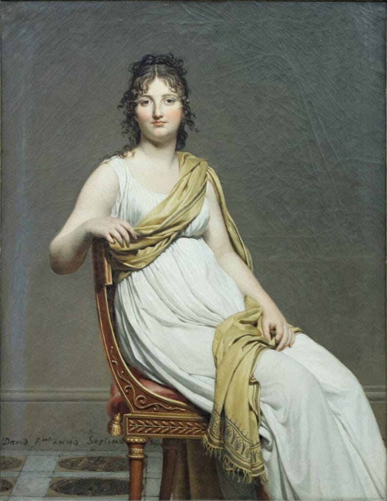 Madame Raymond de Verninac peinte par Jacques-Louis David, assise sur une chaise de style Directoire aux lignes néoclassiques, vers 1799