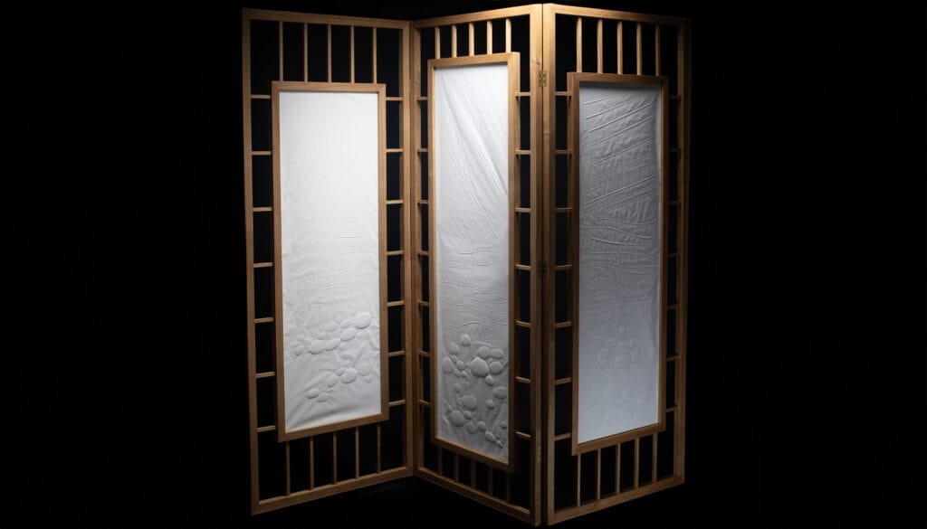 Koïshi screen in wood and porcelain designed by cabinetmaker Adrien des Rues in collaboration with ceramist Céline Charroy, contemporary artisanal design piece with textured panels inspired by pebbles.