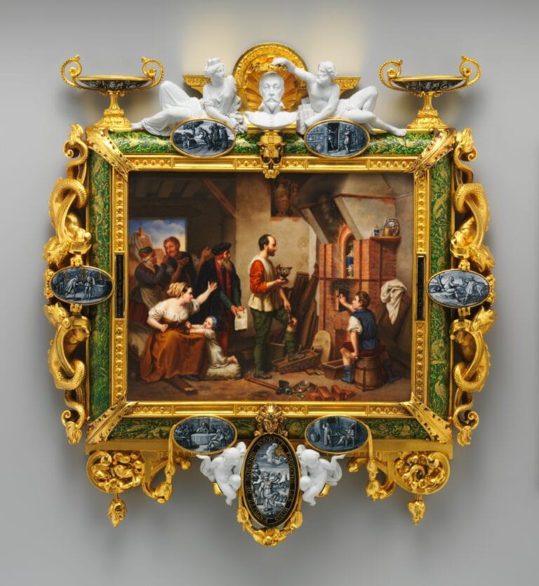 Plaque décorative en porcelaine de Sèvres de 1846, encadrement orné et scène figurative, caractéristique des arts décoratifs sous Louis-Philippe